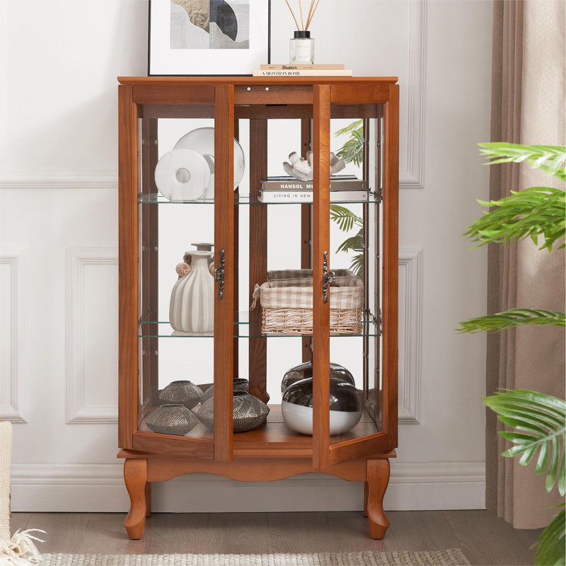 Purcello 44'' H x 26'' W Lighted Curio Cabinet with Triple Adjustable Shelves and Mirrored Back Display Cabinet 