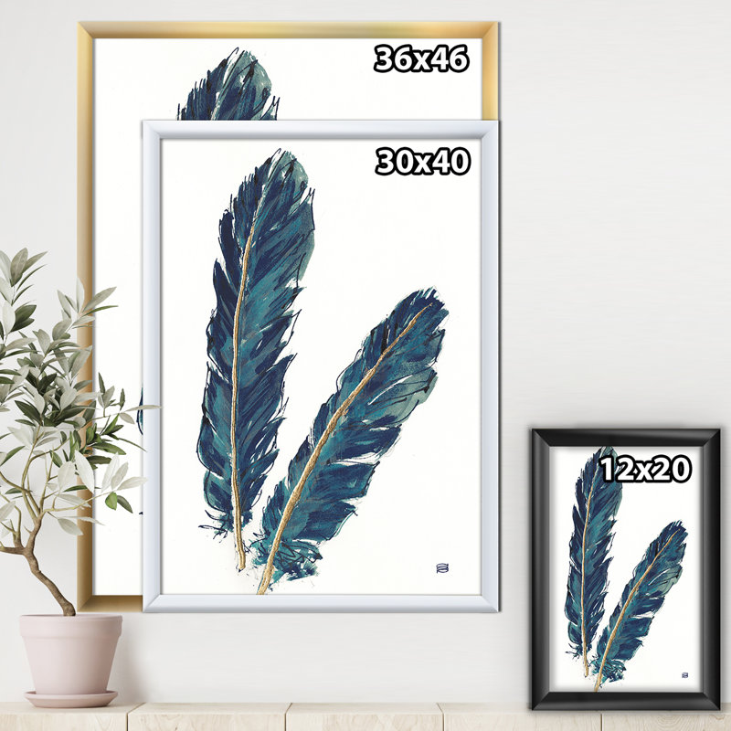 « gold indigo plumes iv »-cadre photo sur toile, Cadre noir, H 46 po x l 36 po x P 1,5 po