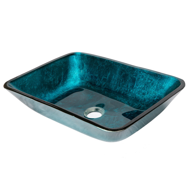 Lavabo de salle de bain rectangulaire en verre trempé turquoise peint à la main