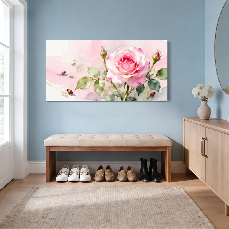 Ensemble de 1 tableau mural sur toile tendue, motif floral rose aquarelle, H 24 po x l 48 po