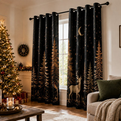 2Pcs rideaux à motif de cerf de la forêt noire, scène de forêt festive, obscurcissement de l'élan et du pin pour la décoration de fête des Fêtes