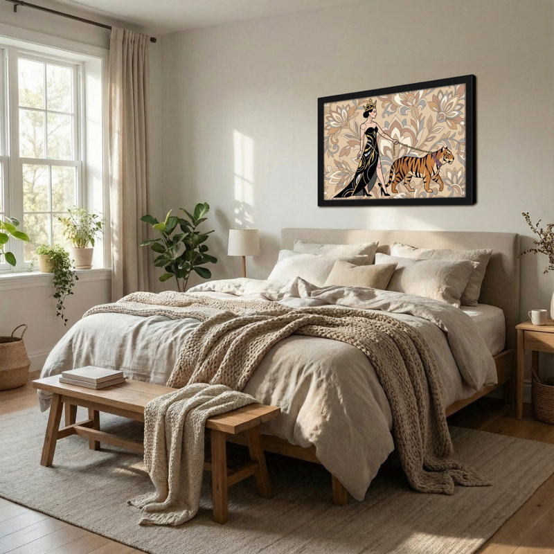 Animaux, reine avec tigre sur fond floral, H 20 po x l 30 po