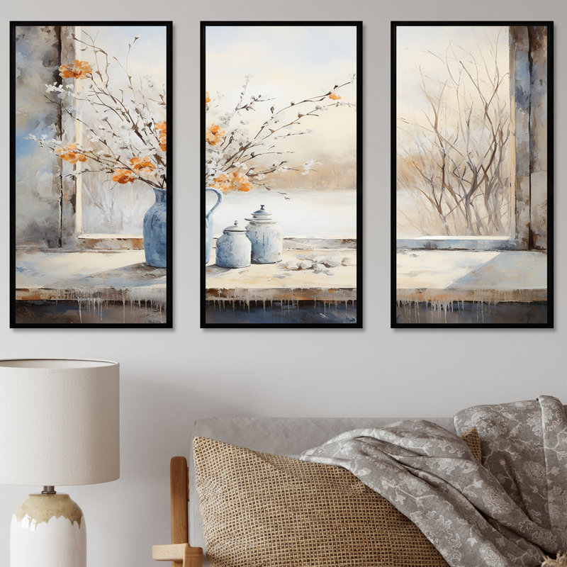 «Cottage In Winter Window Charm I», art mural fenêtres de ferme, Cadre flottant noir, H 32 po x l 48 po x P 1 po