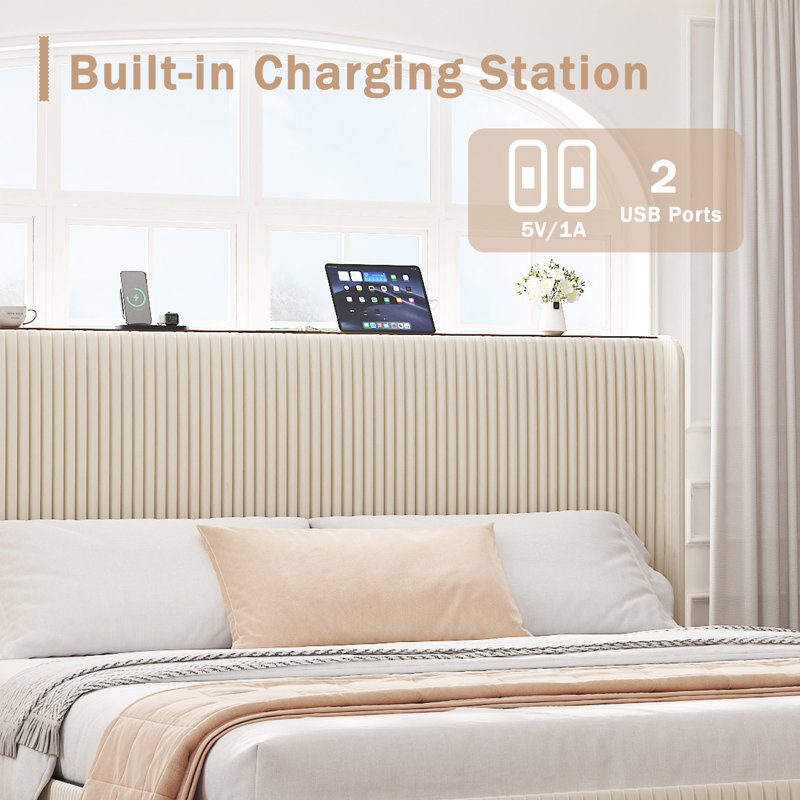Metal Platform Bed Frame With Charging Station Headboard, King