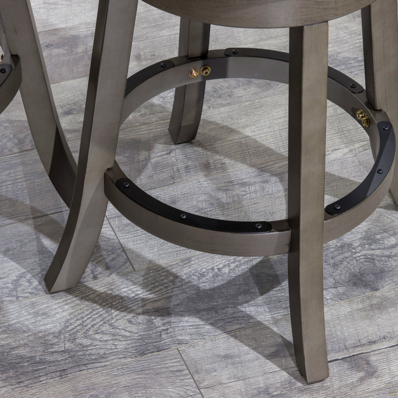 Tabouret pivotant à dossier et à lattes de 24 po de hauteur comptoir, finition gris patiné, siège en cuir gris français
