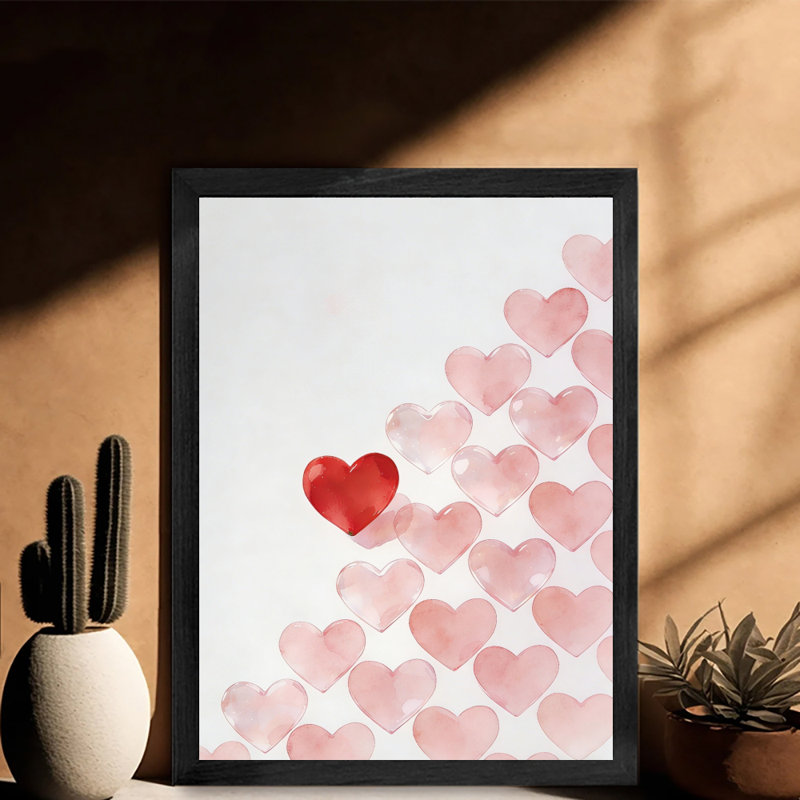 Aquarelle encadrée noire, ballons de cœur, impression amour, impression sur le thème de la Saint-Valentin, H 11 po x l 9 po
