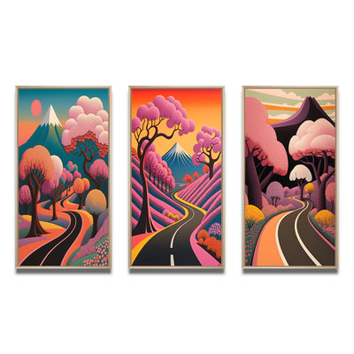 «Swirling Road Joyful Pink Mountain Landscape», ensemble de 3 impressions