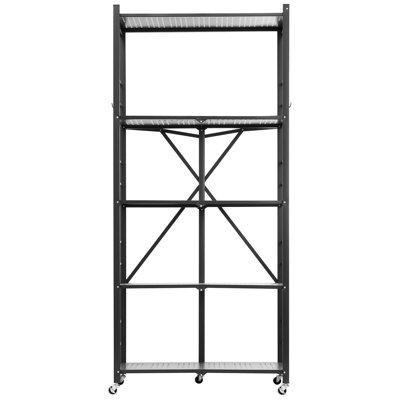 Étagère de rangement pliable à 5 niveaux, étagère pliante en métal 32 po x 14 po x 72 po, étagère de rangement sans assemblage avec 5 roues et 4 crochets pour garde-manger, cuisine, garage, sous-sol, noir