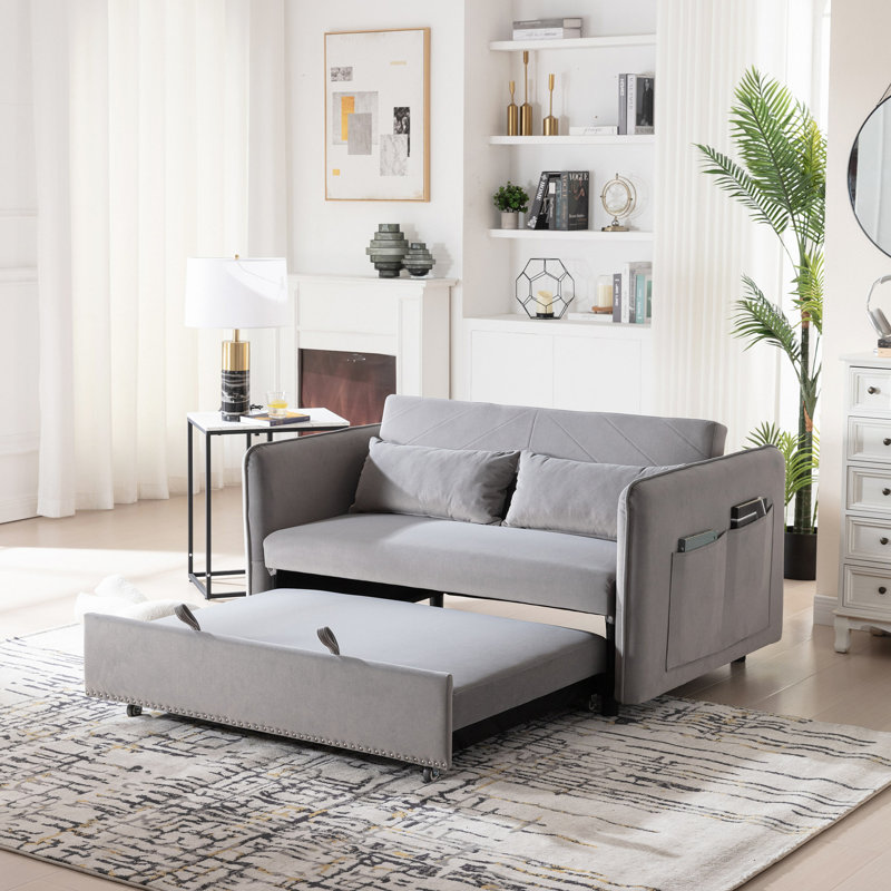 Canapé-lit convertible futon 3 en 1, canapé-lit en velours de 55 po avec 2 coussins, dossier inclinable, poches latérales pour le salon, canapé-lit