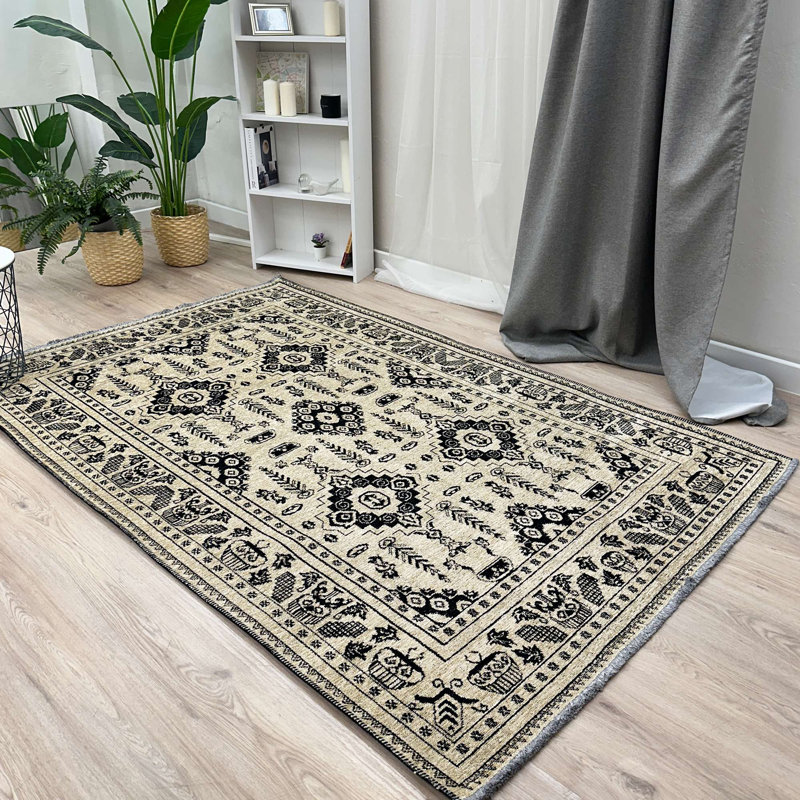 Alfa Rich Folse Afghan Beige & Black Washable Woven Cotton Area Rugs for Living Room Bedroom Kitchen, Rectangle 5'1'' x 7'5''
