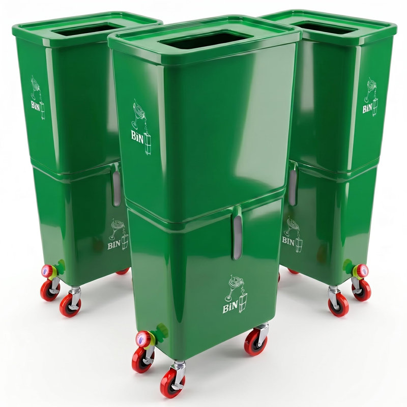 Bac à déchets de boissons commercial (paquet de 3, vert) – Station de vidange à deux compartiments avec roues verrouillables pour bars, restaurants, traiteurs et événements