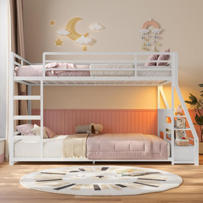 Low Bunk Bed With Sling Bookshelves, Storage Drawers & Power Outlet, Led Metal Floor Bunk Twin Over Twin With Full-length Guardrail & Metal Slats