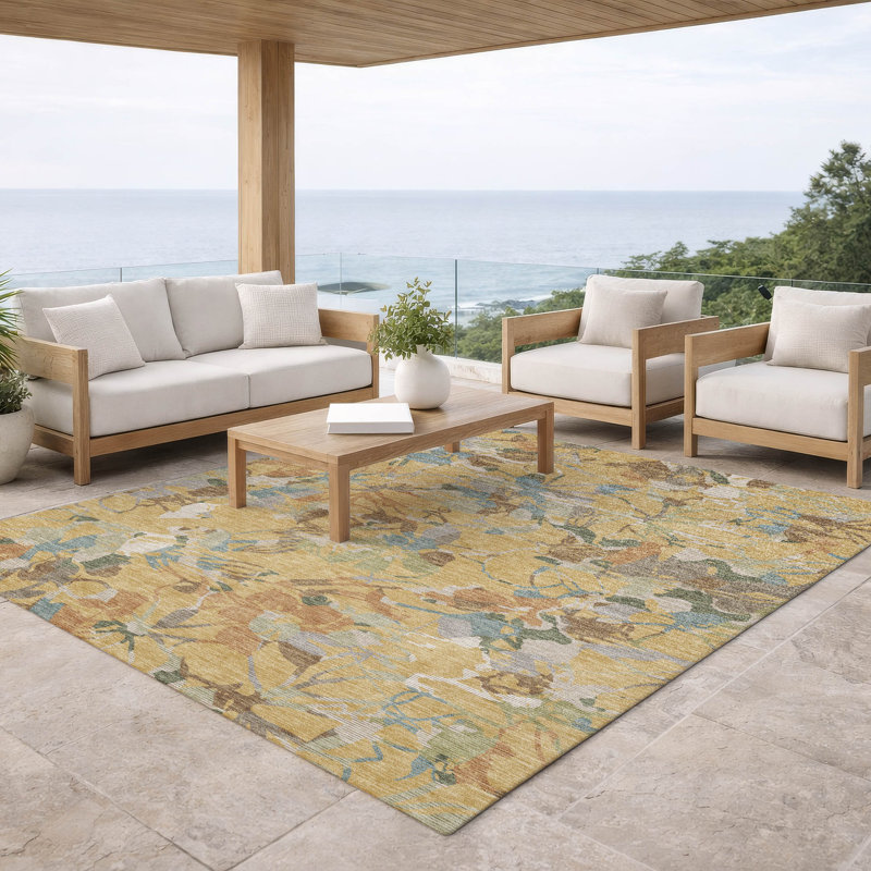 Tapis floral intérieur / extérieur lavable à la machine Chantille ACN3005, Doré, 10 pi x 14 pi