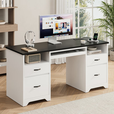 59" Symmetric Computer Desk with Power Strip & Keyboard Tray, Office Desk with Ample Storage by Winston Porter