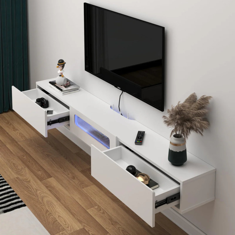 White Floating Tv Stand With Led Lights And Glass Door,63'' Wall Mounted Tv Shelf