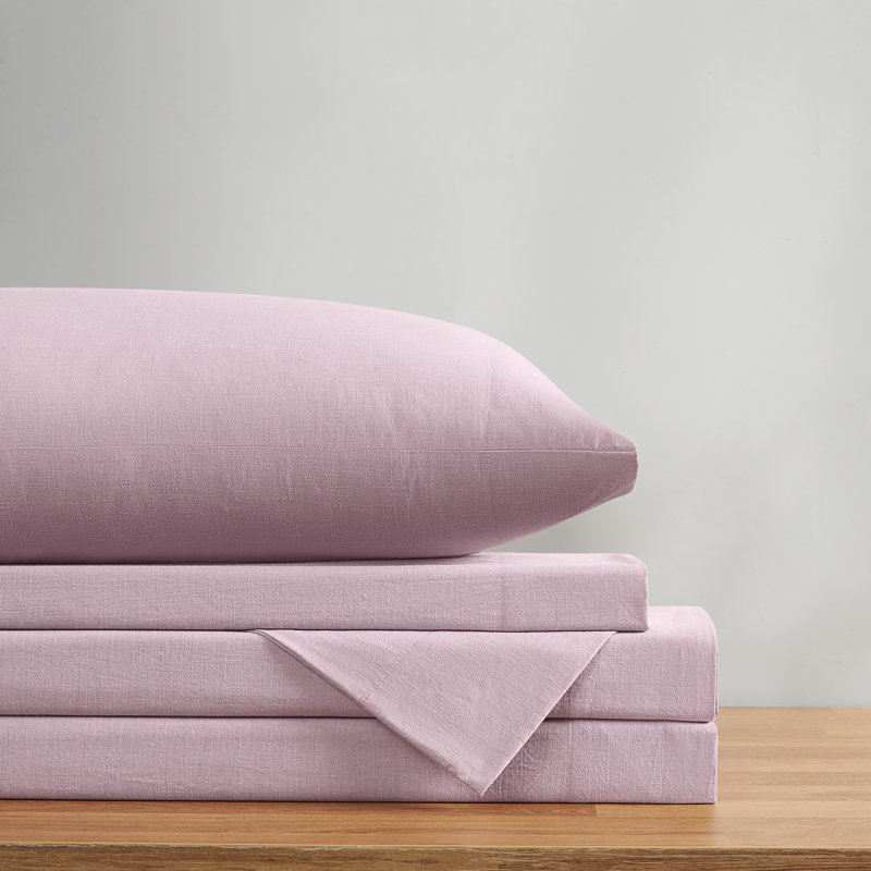 Frye Dusted Denim Cotton and Polyester Blend Sheet Set, Queen Sheet Set with 2 Pillowcases, Pink