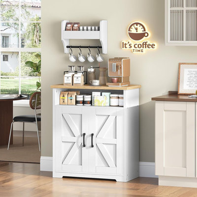 Armoire-bar Farmhouse - Îlot de cuisine avec rangement, buffet avec tablette flottante et crochets pour la cuisine ou le salon, blanc et naturel