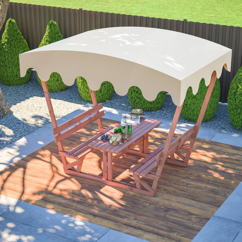 Outdoor Waterproof Solid Wood Picnic Table And Bench Set With Removable Canopy - Suitable For All-Weather Patios, Gardens, Decks, Parks, Beaches