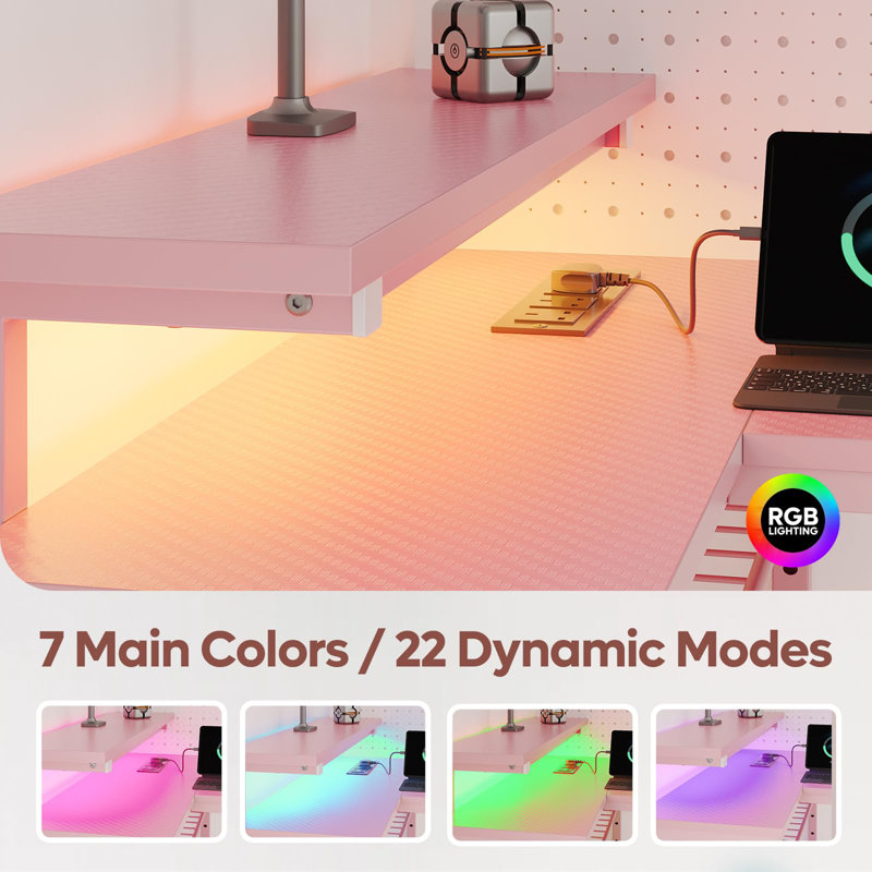Modular L-Shaped Iron Computer Desk with Built-In Electrical Outlet, Pink/Pink