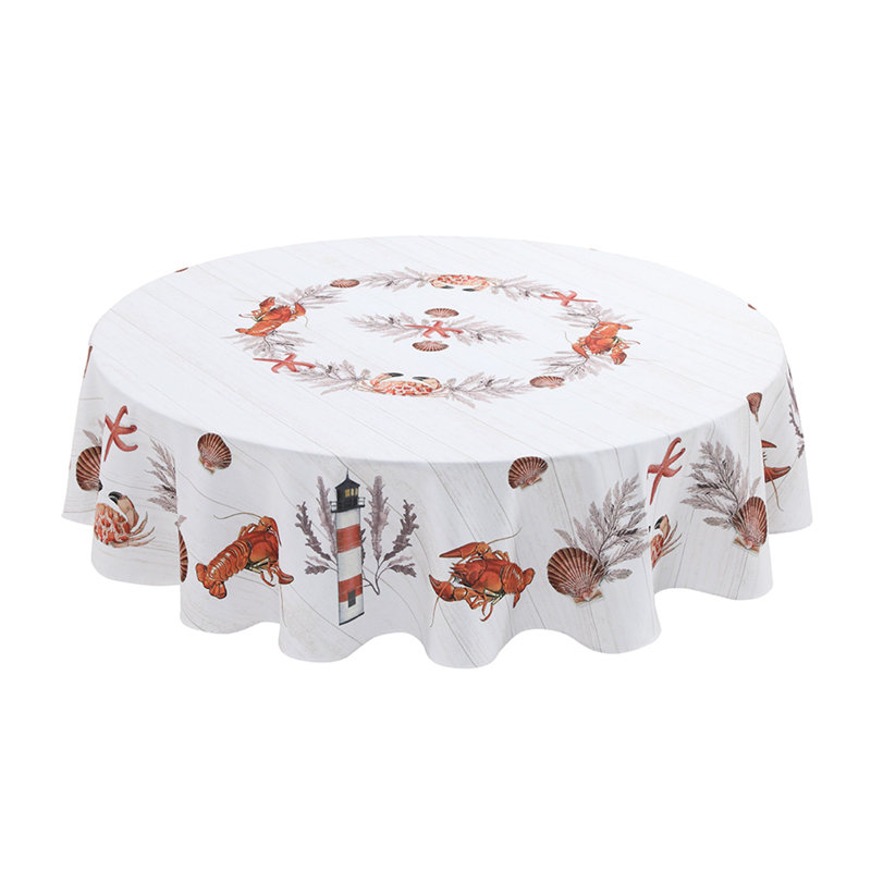Seafood Shack 70" Round White Fabric Tablecloth