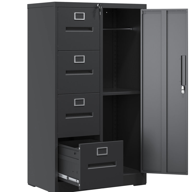 Classeur vertical en acier avec 4 tiroirs, 1 porte et garde-robe latéral lisse, noir