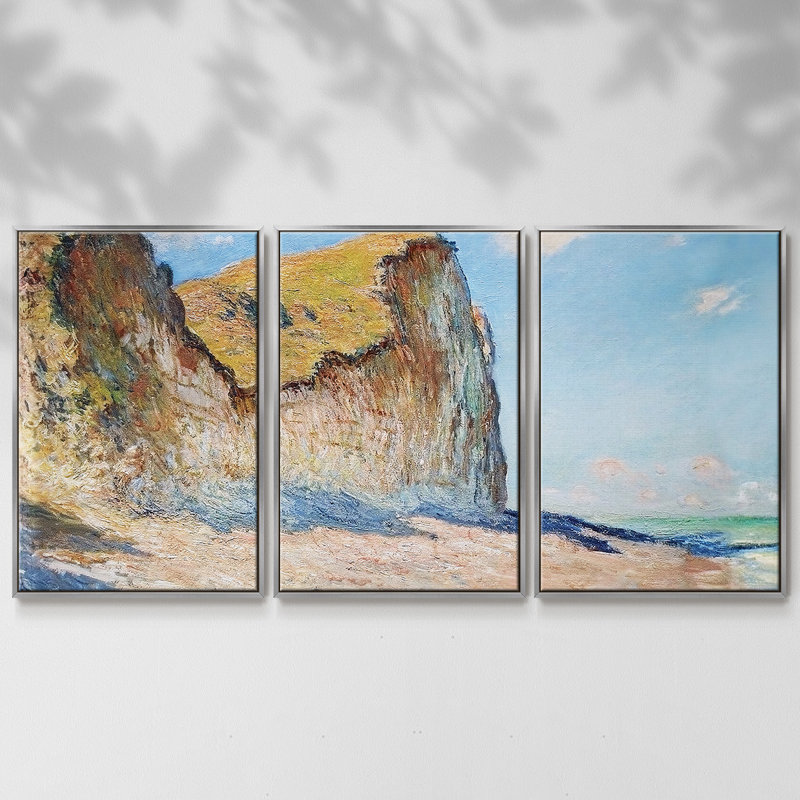 Falaises près de Pourville, 1882 - Toile encadrée à pièces multiples, Encadrement argenté, H 24 po x l 48 po