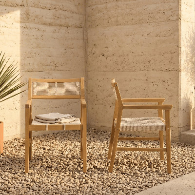NTC Terra Set of 2 Solid Wood Armchairs with Handwoven Rope Seat & Back, Indoor & Outdoor Wooden Dining Chairs, Modern Patio Chairs with Arms, Easy Assembly, Natural