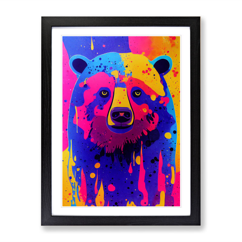 Colourful Bear No.2 - Wall Art, 36cm H x 27cm W x 2cm D, Black Framed, White
