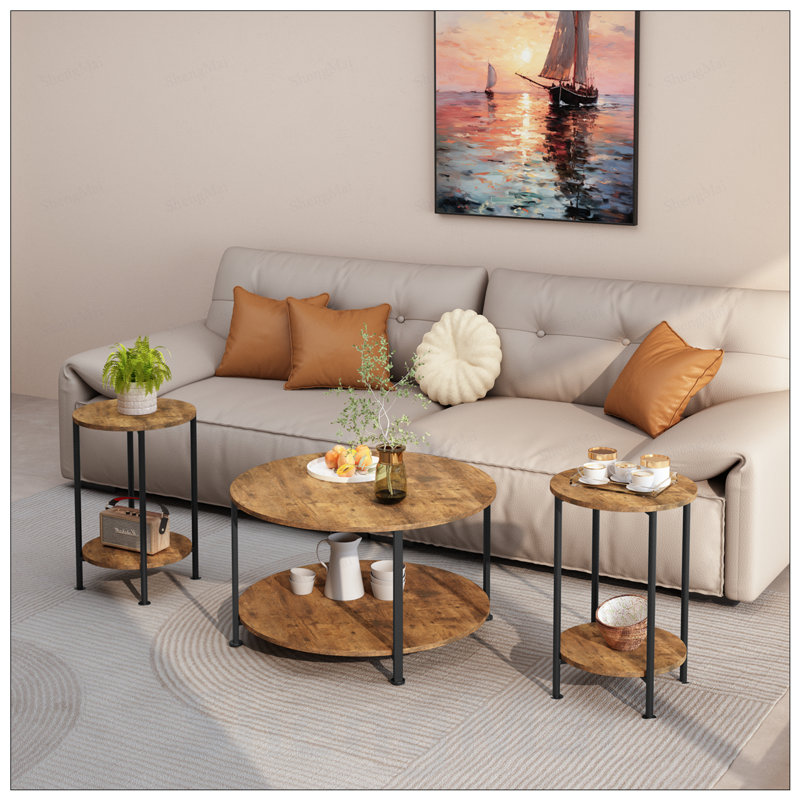 Ensemble de 3 tables basses et tables de bout avec grand rangement, style campagne moderne pour des espaces de vie compacts