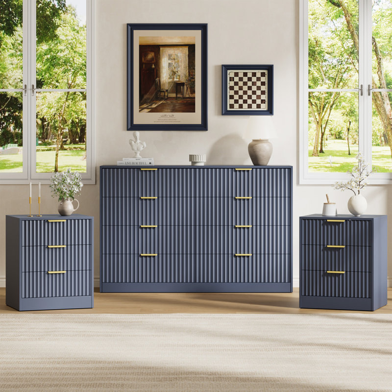 Ensemble de commode et table de chevet 3 pièces pour chambre à coucher, commode cannelée 8 tiroirs 55 po