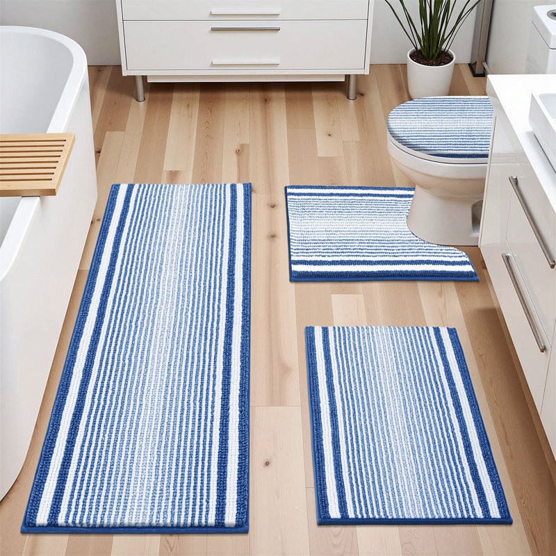 Ensemble de 4 tapis de bain en microfibre absorbante douce avec envers antidérapant (ensemble de 4), Bleu / blanc