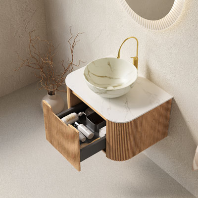 Meuble-lavabo flottant moderne avec lavabo en céramique, finition grain de bois naturel