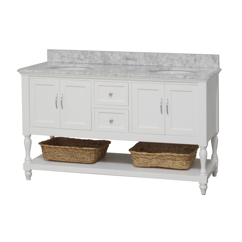 Hampton 60'' Double Bathroom Vanity with Top, White, Carrara Marble