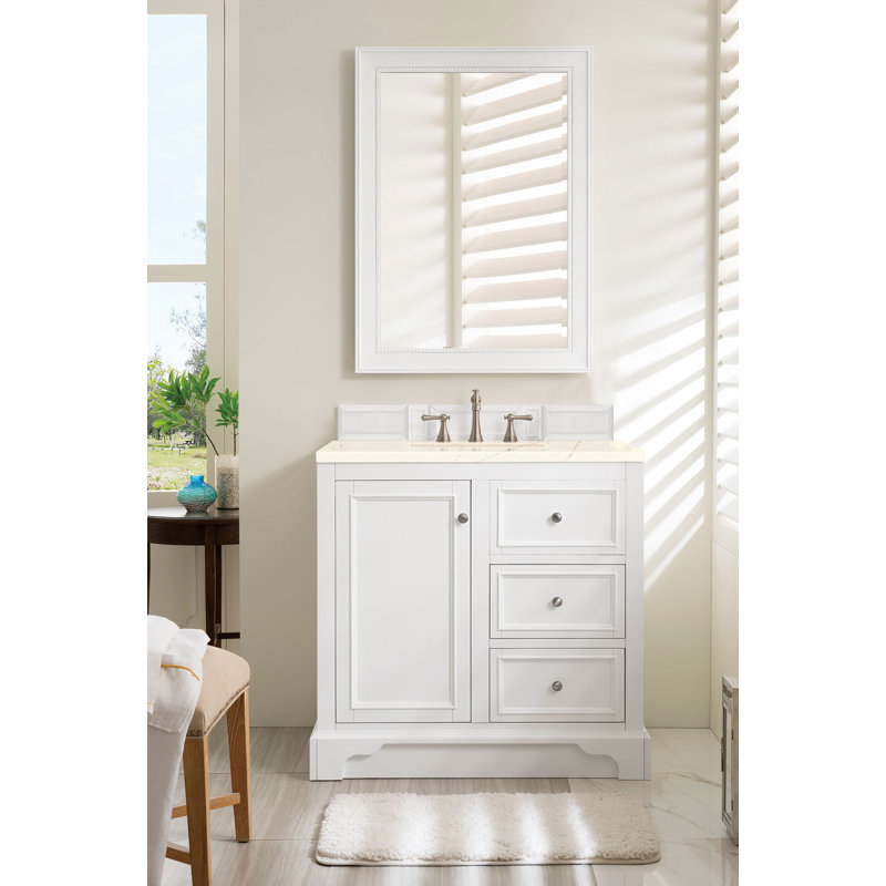 De Soto 36'' W Single Vanity, Bright White, Carrara White Marble, 8" Widespread