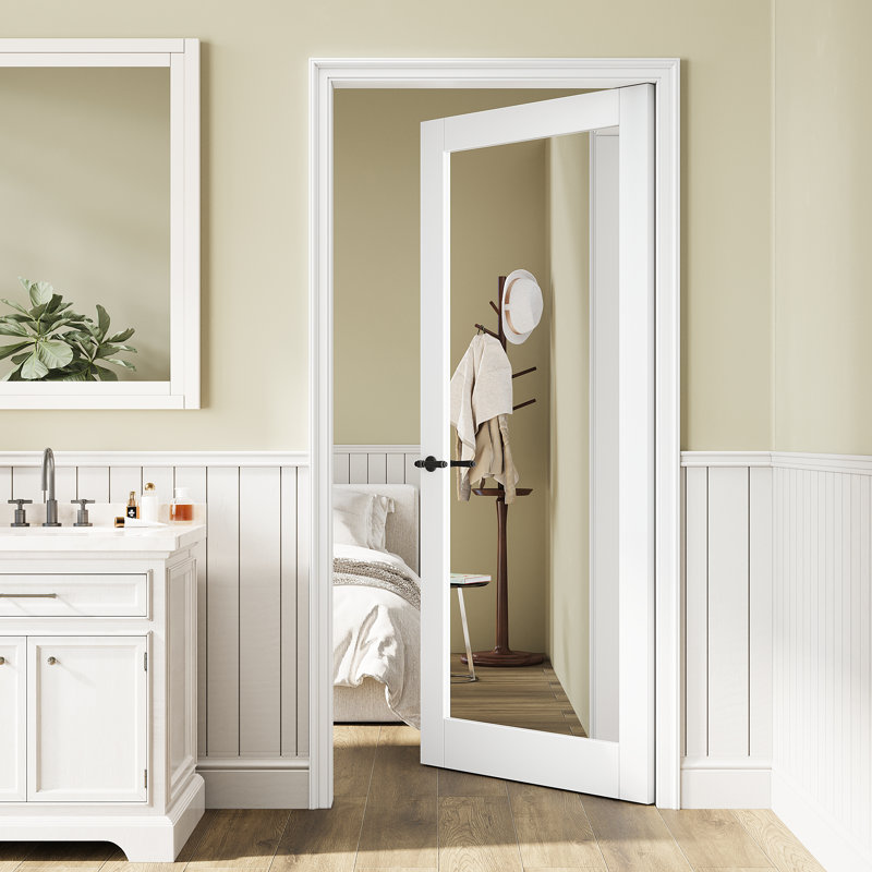 Porte pleine pleine dalle de miroir, dalle de porte intérieure en miroir, panneau de porte arrière solide de miroir avant, blanc apprêté / préfini, porte française à noyau solide, porte de salle de bain, porte de placard