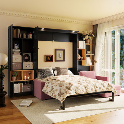 Queen Size Murphy Bed With Large Sofa, Storage Shelves & Cabinets, Modern Space-Saving Wall Bed With Dual Lights