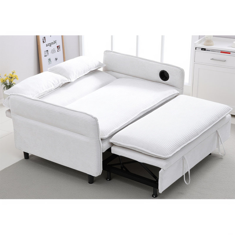 Multi-Functional 65.7" Adjustable Sofa Bed with Pull-Out Sleeper, 2 Soft Pillows and 2 Cup Holders, Beige