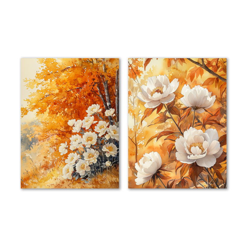 Pivoines par l'érable automne I - ensemble de 2 reproductions d'art botaniques blanches en métal, 32" H x 48" W