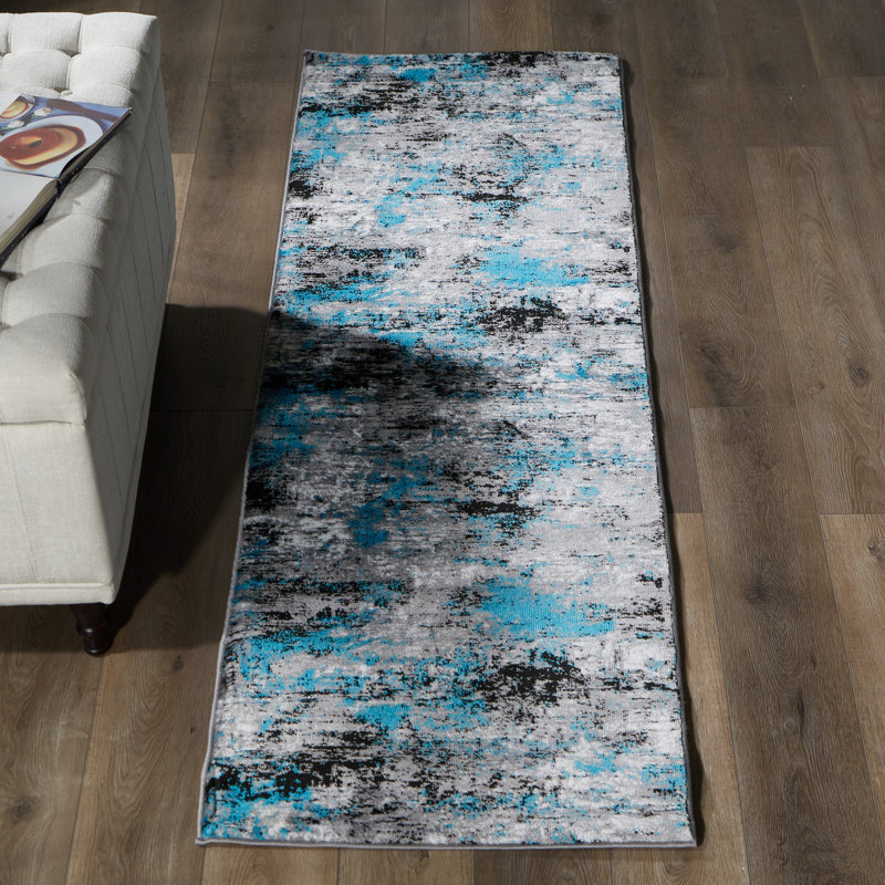 Tapis bleu / gris / noir à motif abstrait Hellie, Tapis de couloir 2 pi 2 po x 7 pi 8 po