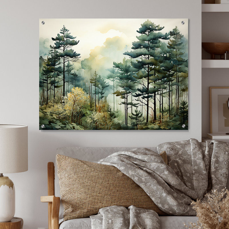 Tonalis Whispering Pines Pointillism I - art mural forêt acrylique pour le salon, H 16 po x l 32 po