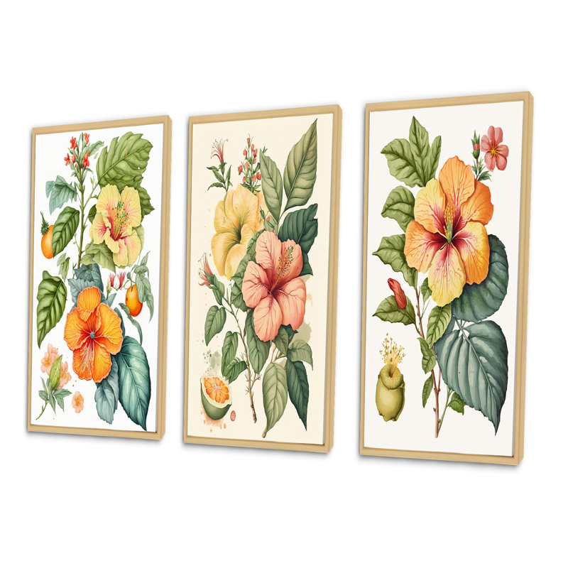«Blossiming Yellow Retro Hibiscus», 3 pièces sur toile, H 20 po x l 36 po, Cadre naturel flottant