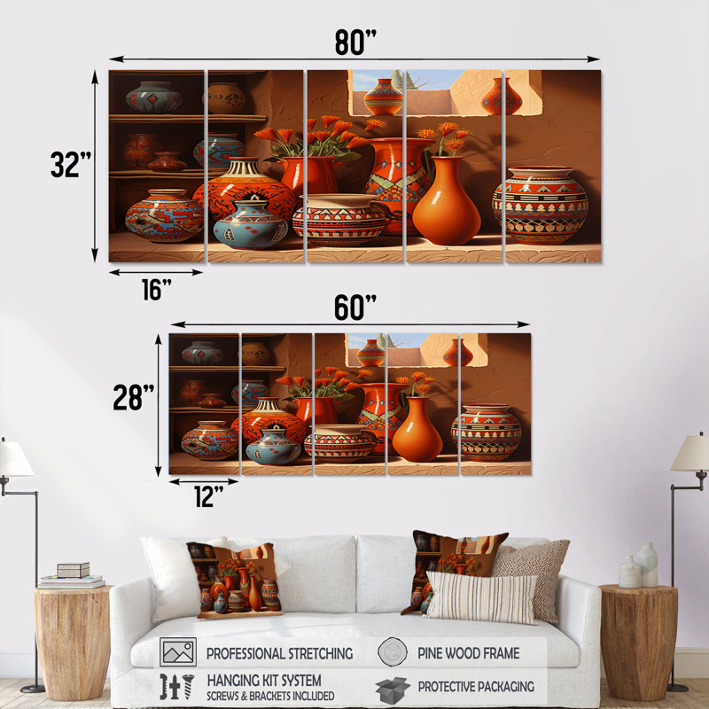 Ensemble de 5 vases mexicains en terre cuite à fleurs orange - fenêtre florale, H 28 po x l 60 po