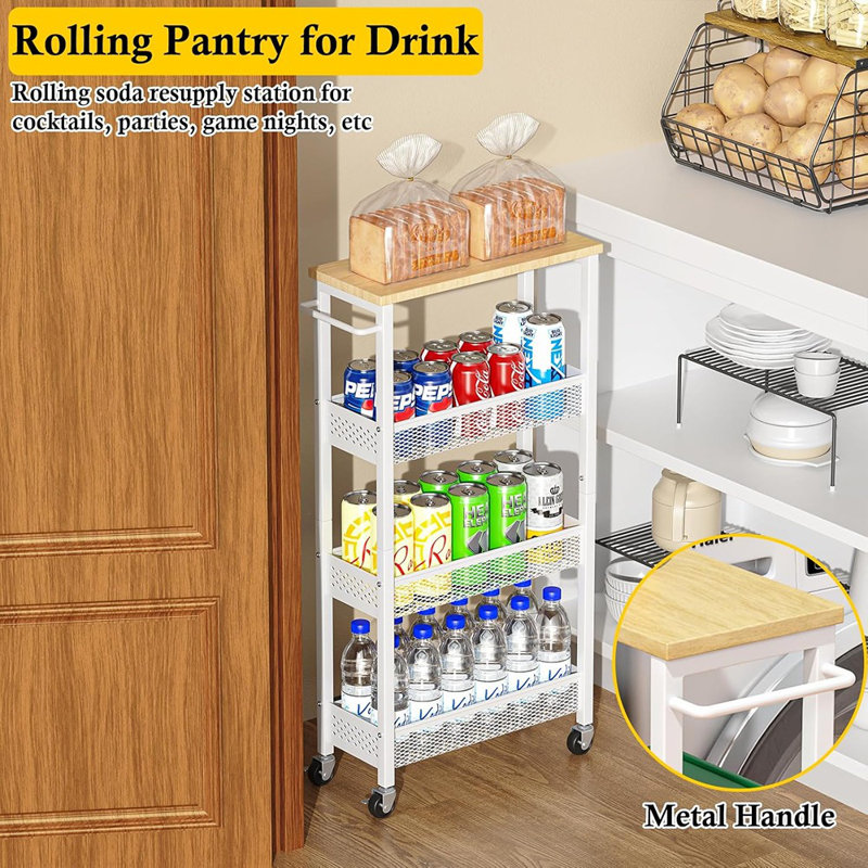 Slim Storage Cart, 4 Tier Small Rolling Kitchen Laundry ...