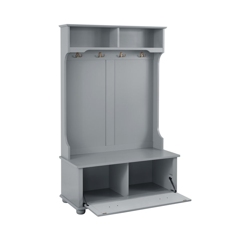 Classic Hall Tree With Shoe Rack Bench And Coat Hooks  Hanging Storage, Entryway Bench With Open Shelves And Shoe Cabinets