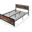 Structure de lit grand avec tête de lit à grain de bois foncé - Base de lattes de style industriel en métal noir, sans sommier