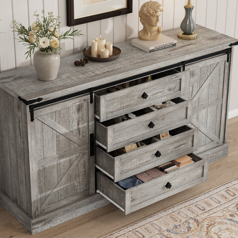 59" Farmhouse 4 Drawer Dresser For Bedroom, Wood Dressers With Sliding Barn Doors, TV Stand, Gray