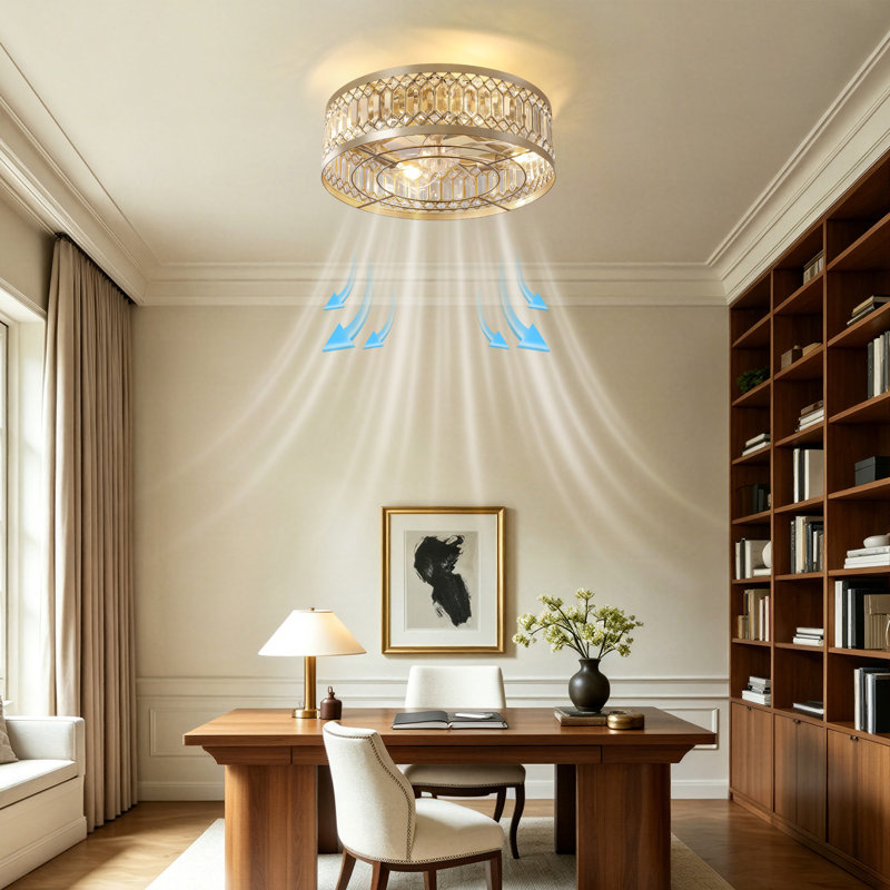 Ventilateur de plafond 19,29 "encastré en cristal doré avec lumières et télécommande pour chambre à coucher et salle à manger