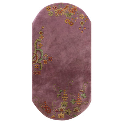1920s Mauve Open Field Chinese Oval Art Deco Carpet 2'6''x4'8'' Knotted Wool Rug