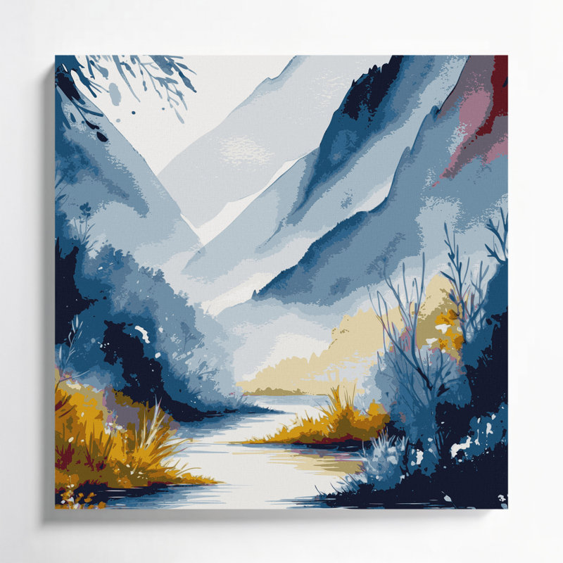 Aquarelle, paysage, 16, toile bleue, H 8 po x l 8 po