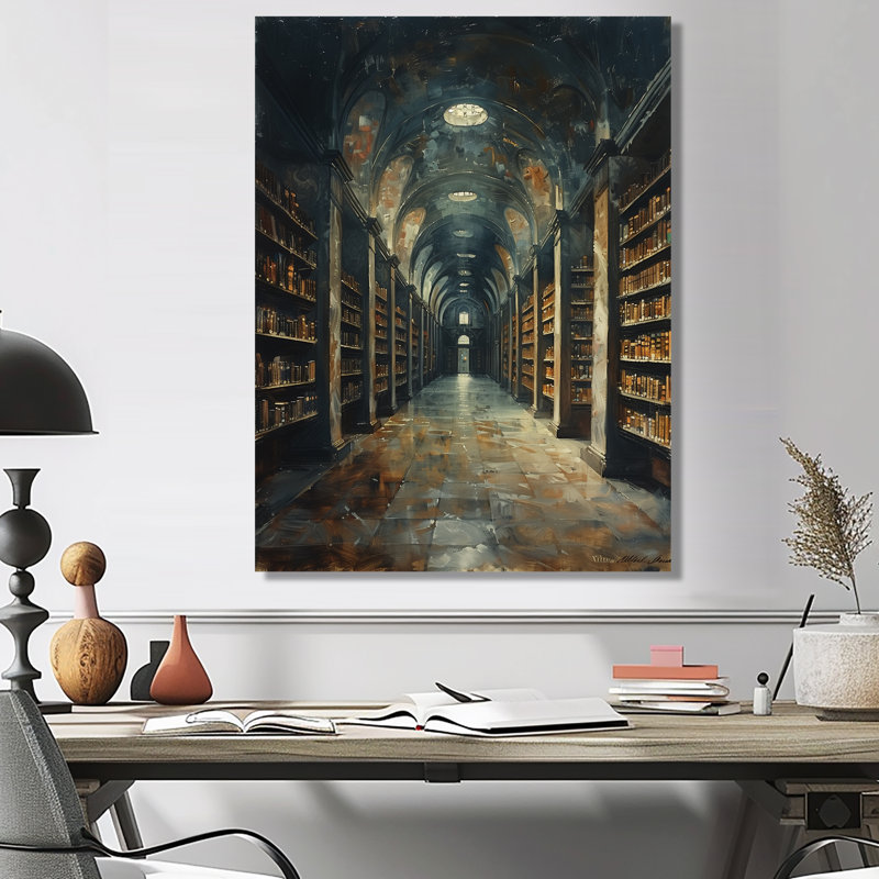 Bibliothèque historique brune, reproduction d'art mural, Sans cadre, métal, H 24 po x l 32 po